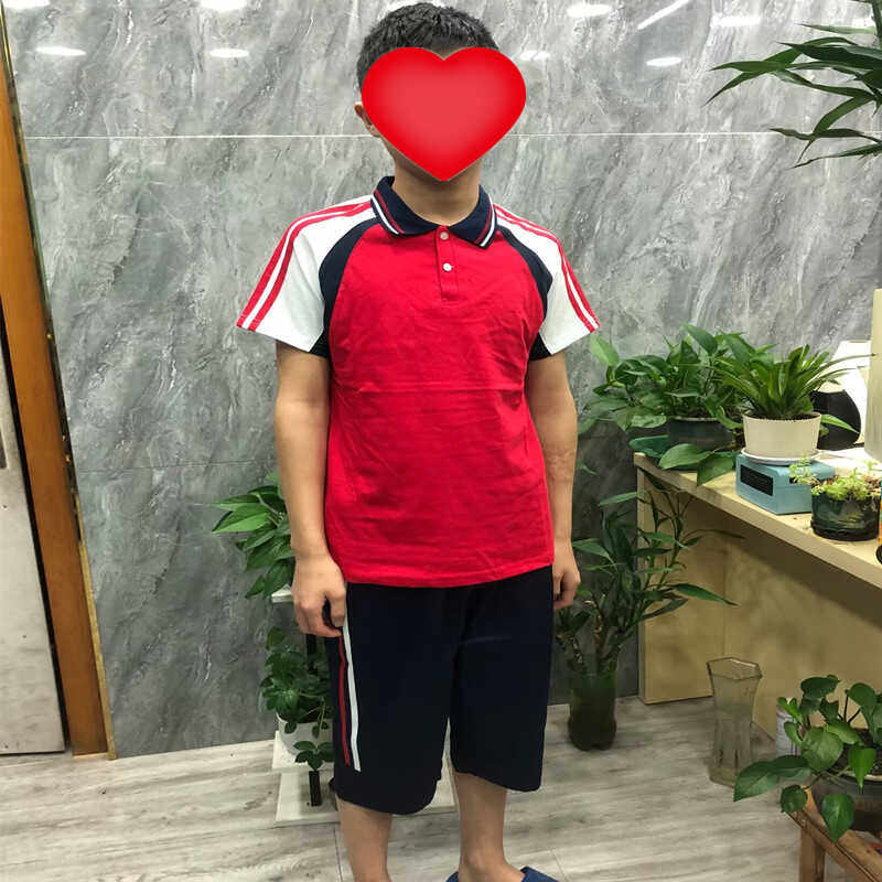 夏季学生校服套装红白条纯棉七分裤子红色半袖校服顺迈小学运动服