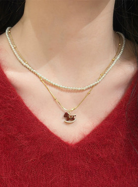 本命年新年红小马双层珍珠项链