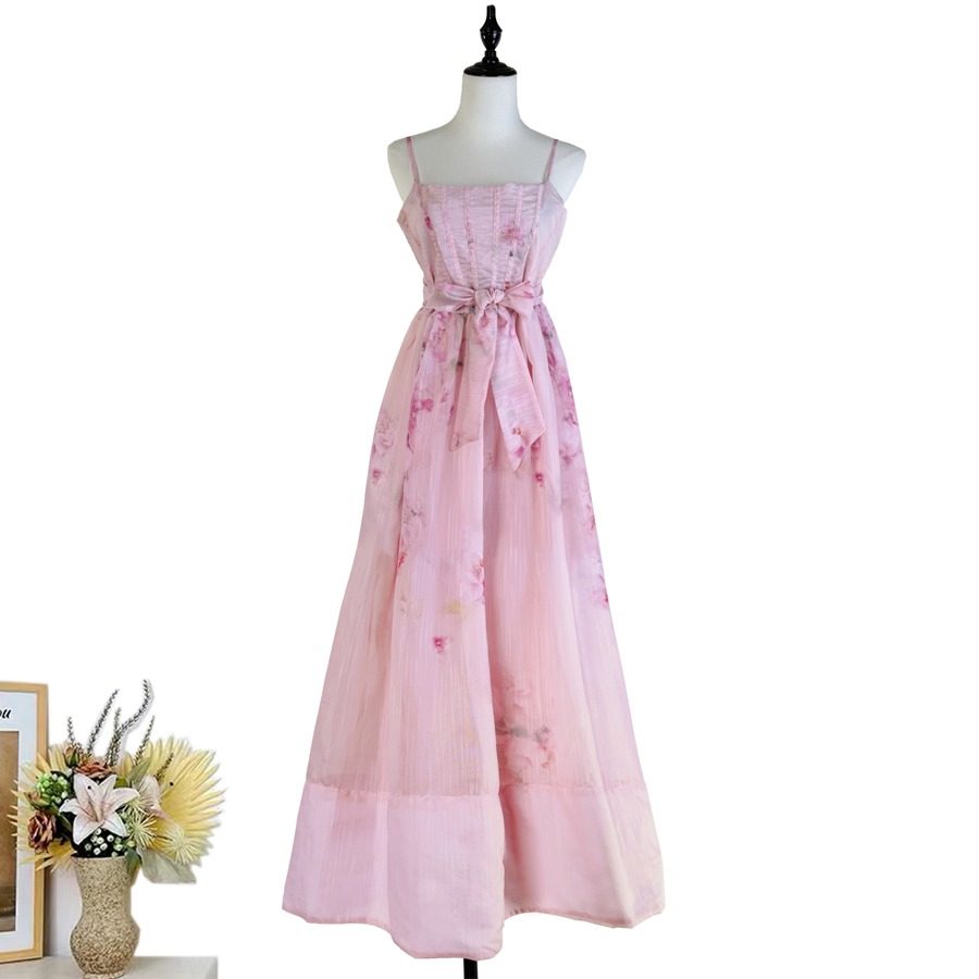 2025现货高端法式中长裙明星同款印花吊带收腰系带蓬蓬大摆连衣裙