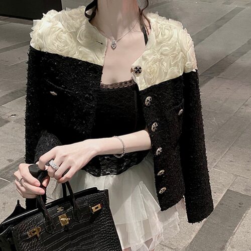 2025龟酱晚安旺多姆chaneZUI新小香风外套立体玫瑰花呢短上衣女