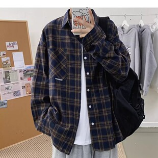 格子长袖衬衫男春秋宽松韩版潮学生休闲开衫外穿复古格纹衬衣外套