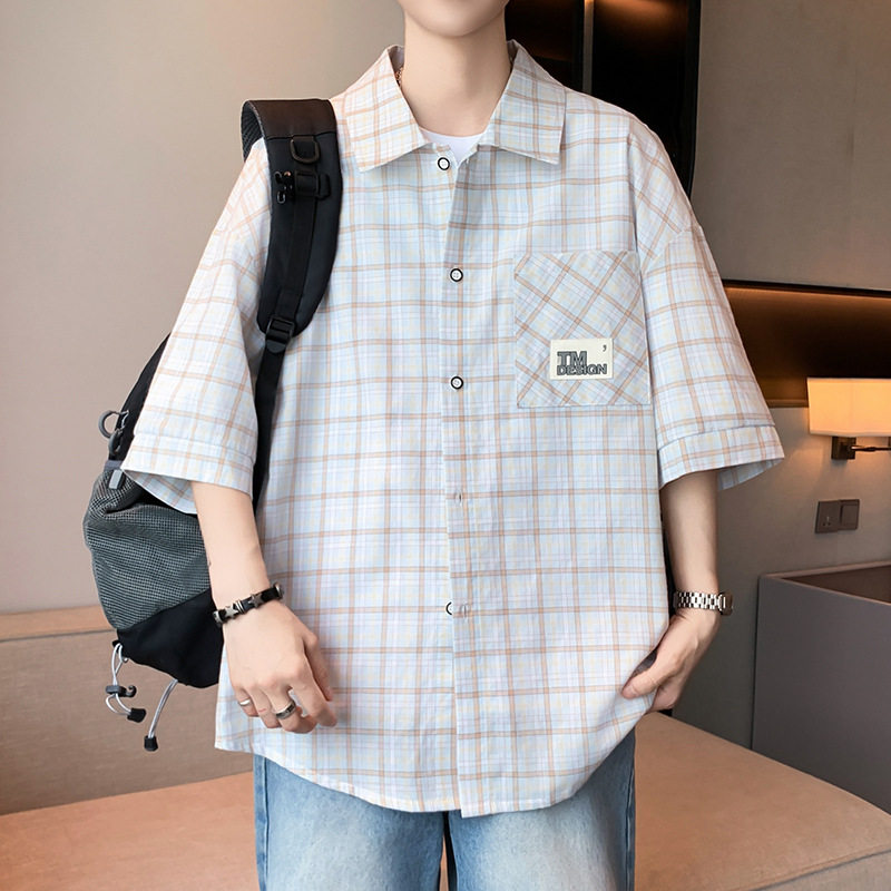 格子短袖衬衫男生初中高中生夏季纯棉半袖衬衣青少年大童外套夏天