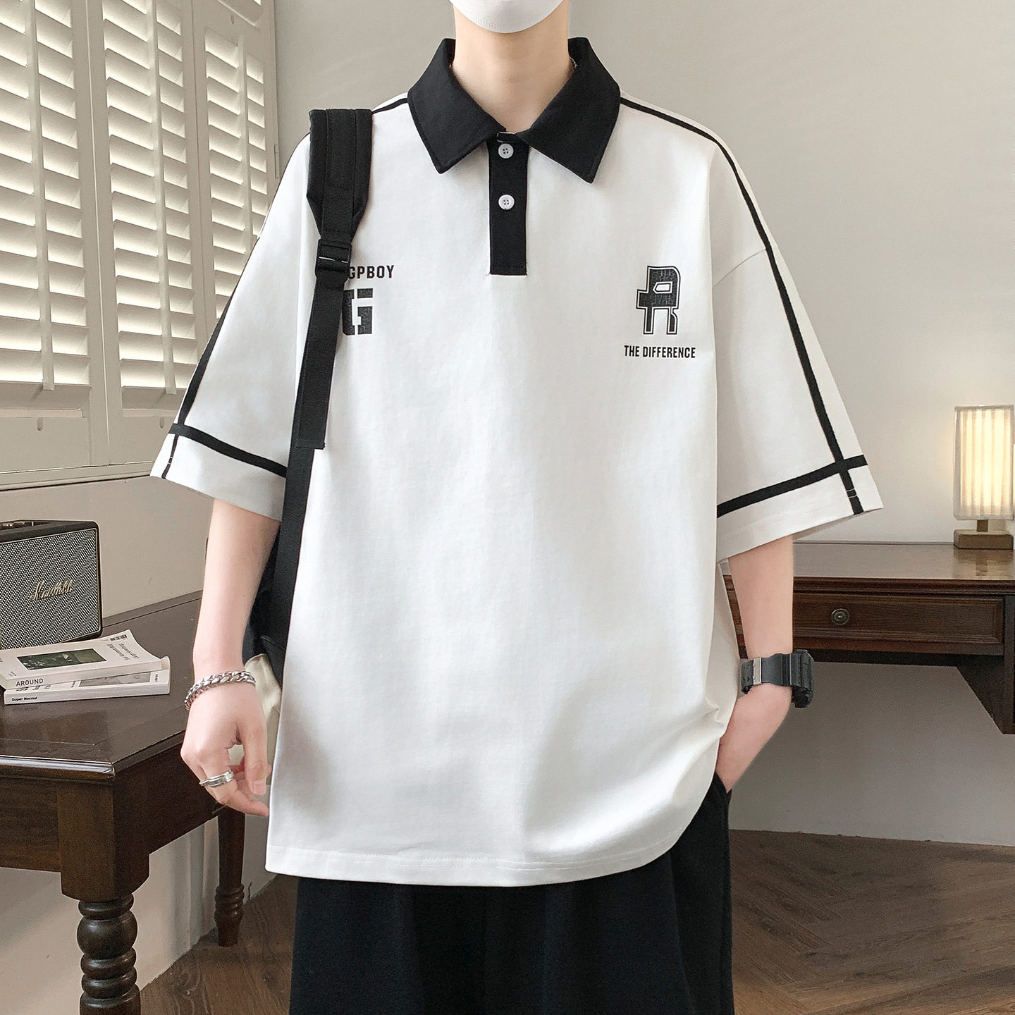 夏季短袖polo衫男孩青少年初中高中学生美式宽松翻领半袖t恤上衣T