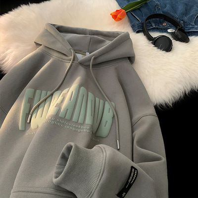 美式复古字母卫衣男连帽秋冬加绒加厚重磅硬挺青少年高中生外套潮