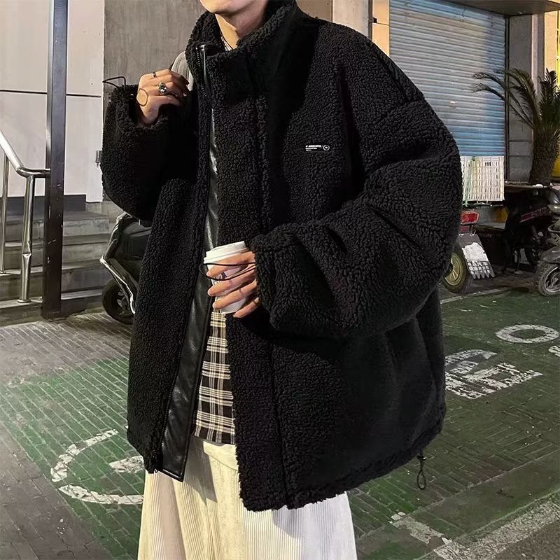 港风两面穿外套男冬季宽松加厚羊羔绒棉衣男韩版潮流情侣潮牌棉服