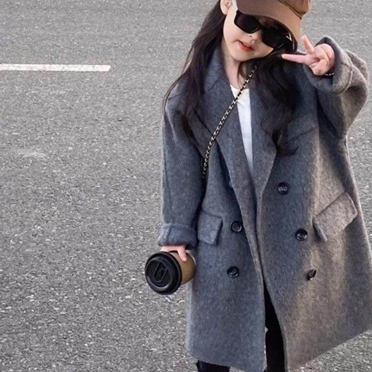 韩国童装2025秋装新款灰色气质翻领风衣外套儿童中长款呢子大衣潮,男装,毛呢大衣,淘宝优惠券,粉丝福利购,淘宝优惠卷