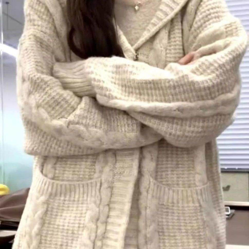温柔风慵懒宽松麻花毛衣开衫女2025秋冬新款外搭连帽针织加厚外套,女装/女士精品,毛衣,淘宝优惠券,粉丝福利购,淘宝优惠卷