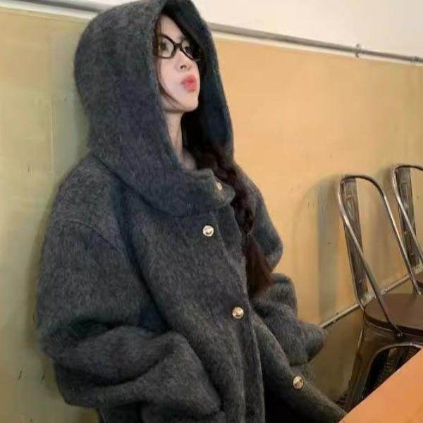 慵懒风宽松连帽毛呢外套女装秋冬季感呢子大衣小众中长款上衣,女装/女士精品,大码呢大衣,淘宝优惠券,粉丝福利购,淘宝优惠卷