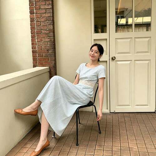 【海豚湾恋人 dress】法式立体蕾丝镂空设计花朵条纹连衣裙女夏季