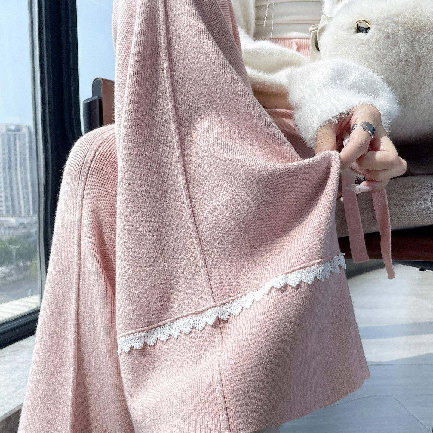 蕾丝花边针织阔腿裤女2025秋季新款软糯垂感休闲糯米裤拖地长裤子,女装/女士精品,休闲裤,淘宝优惠券,粉丝福利购,淘宝优惠卷