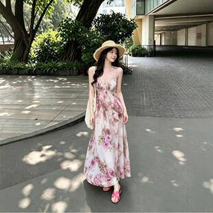 【Fart Shop】花漾花海 V领绑带露背吊带连衣裙女春夏蕾丝修饰裙