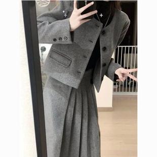 胖mm显瘦遮肉感套装女大码秋冬新款毛呢外套百褶半身裙两件套