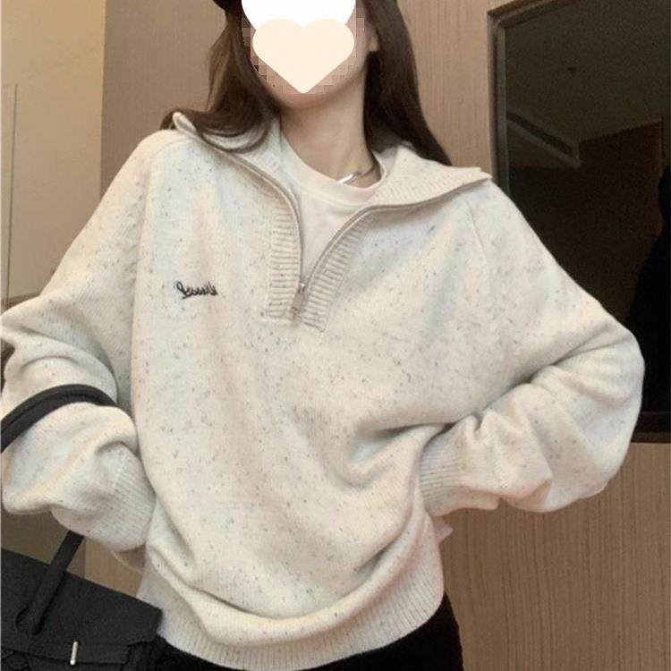 白色慵懒拉链新款针织衫毛衣秋冬秋季外套宽松设计套头上衣,女装/女士精品,毛衣,淘宝优惠券,粉丝福利购,淘宝优惠卷