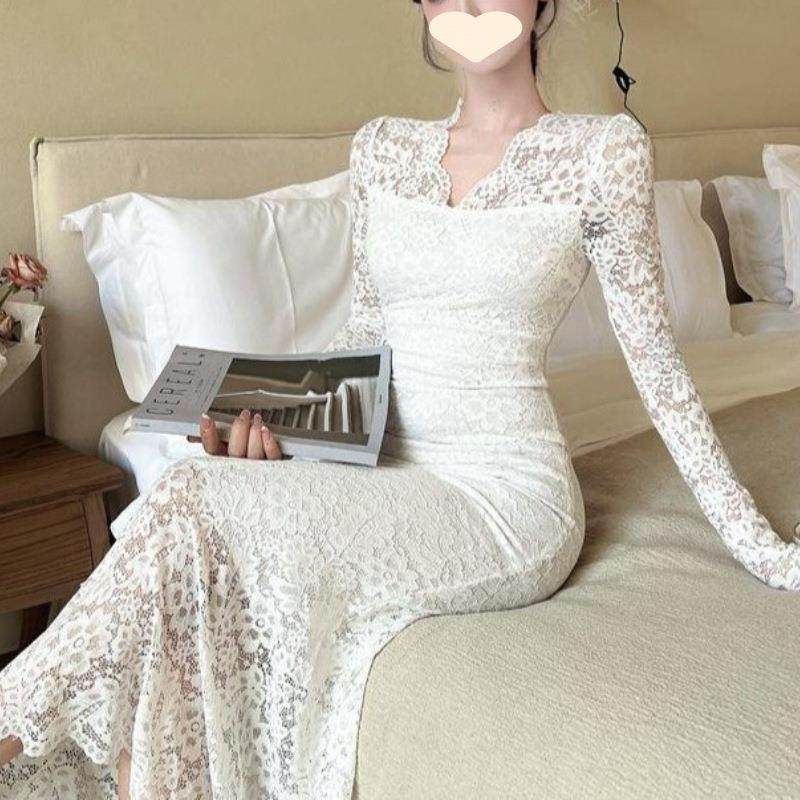 法式温柔白色蕾丝长袖连衣裙女秋季性感打底内搭气质包臀鱼尾长裙,女装/女士精品,连衣裙,淘宝优惠券,粉丝福利购,淘宝优惠卷