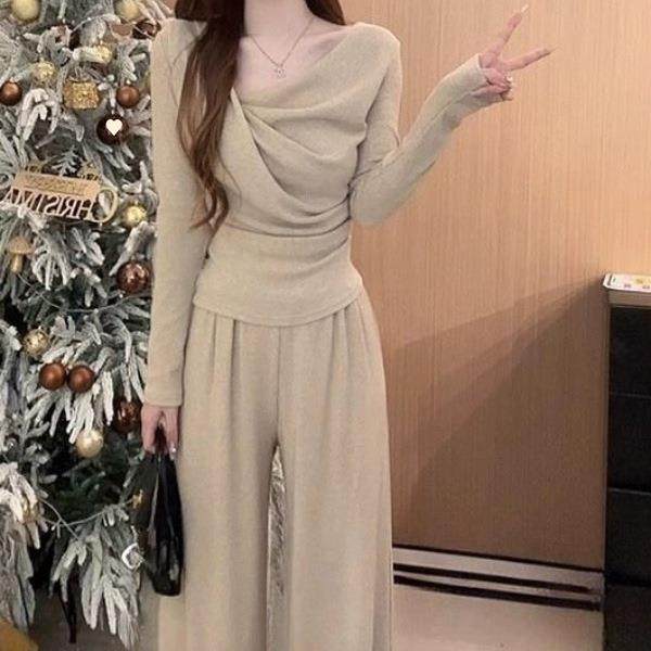 休闲套装女秋冬季纯欲风斜肩修身上衣高腰垂感阔腿裤感两件套,女装/女士精品,时尚套装,淘宝优惠券,粉丝福利购,淘宝优惠卷