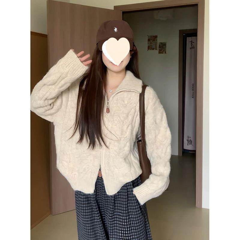 高领麻花拉链开衫毛衣女秋冬季加厚慵懒风立领针织外套,女装/女士精品,毛衣,淘宝优惠券,粉丝福利购,淘宝优惠卷