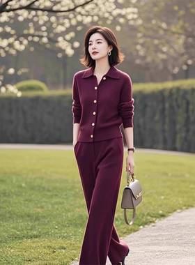 秋款2025新款女装安格拉红色针织套装气质韩版开衫上衣裤子两件套