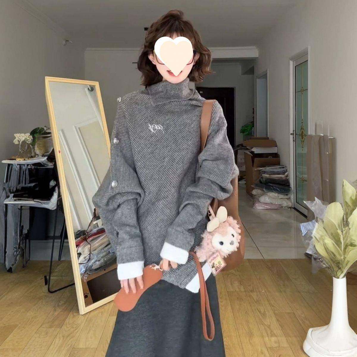 韩系学院风不规则斗篷针织套头毛衣女秋冬搭配黑色半身裙两件套装,女装/女士精品,时尚套装,淘宝优惠券,粉丝福利购,淘宝优惠卷