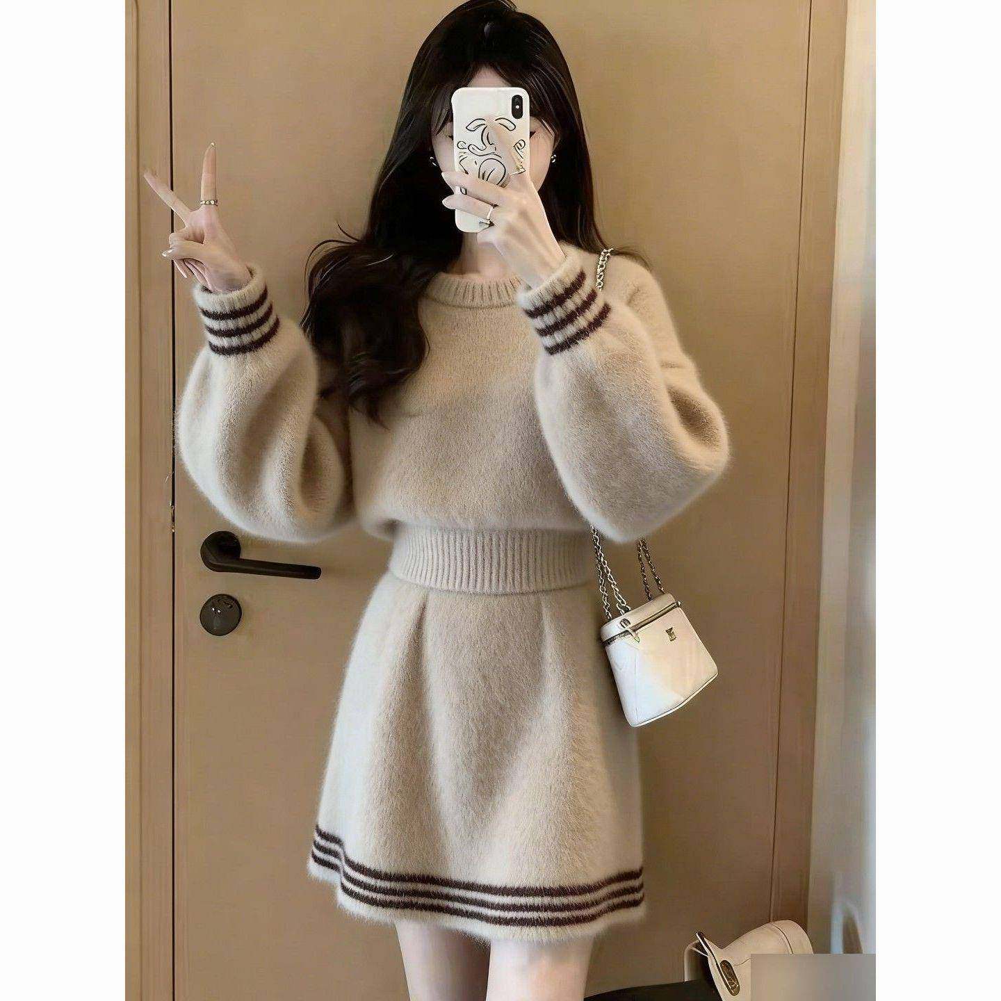 2026慵懒风高领针织毛衣半身裙两件套女秋冬气质简约套装针织套装,女装/女士精品,时尚套装,淘宝优惠券,粉丝福利购,淘宝优惠卷