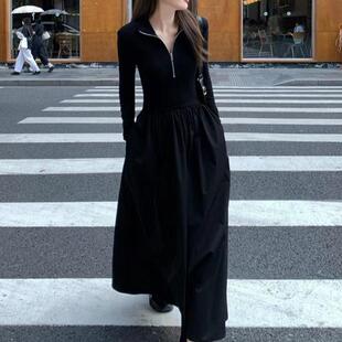 法式赫本风长款针织连衣裙polo领显瘦显高黑色拉链拼接高个子长裙