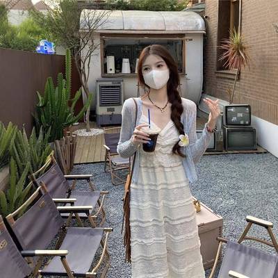 海边度假法式甜妹套装米杏色吊带连衣裙女春季长袖针织开衫两件套