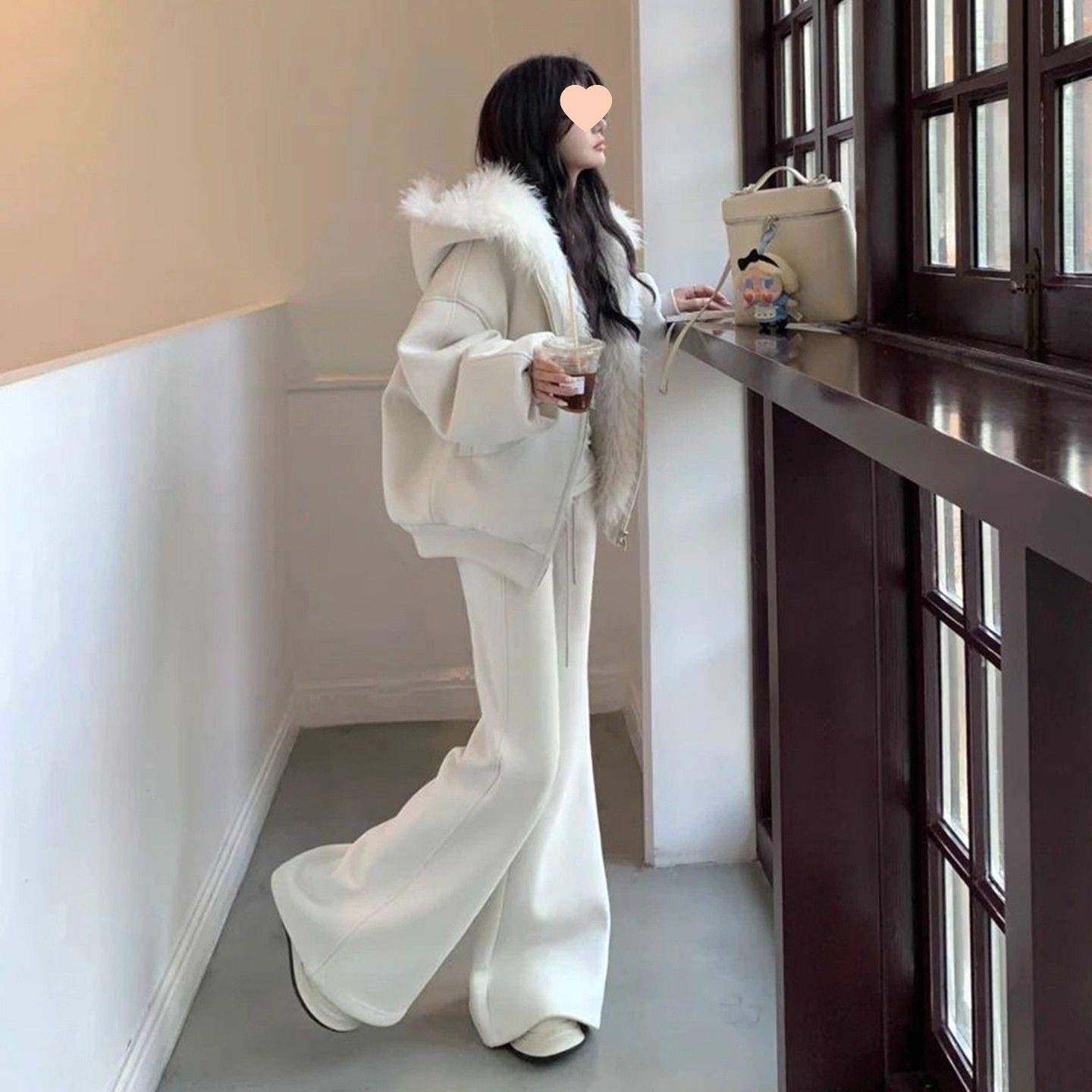 新上市女装新款加绒连帽保暖长袖拉链开衫外套高腰微喇裤两件套装,女装/女士精品,短外套,淘宝优惠券,粉丝福利购,淘宝优惠卷