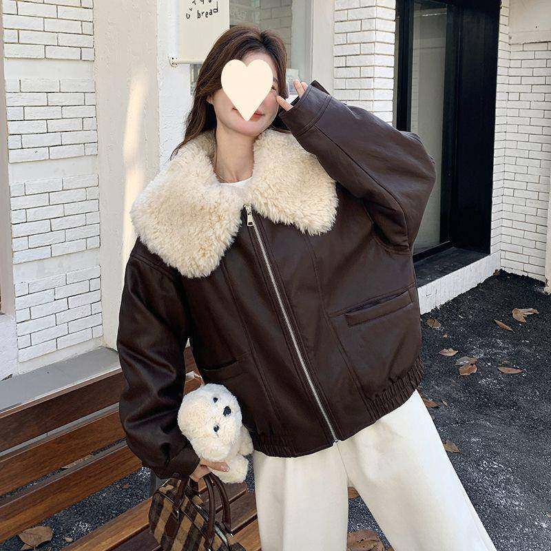 咖色羊羔毛娃娃领皮衣加绒加厚保暖女冬新款小个子气质复古短外套,女装/女士精品,皮衣,淘宝优惠券,粉丝福利购,淘宝优惠卷