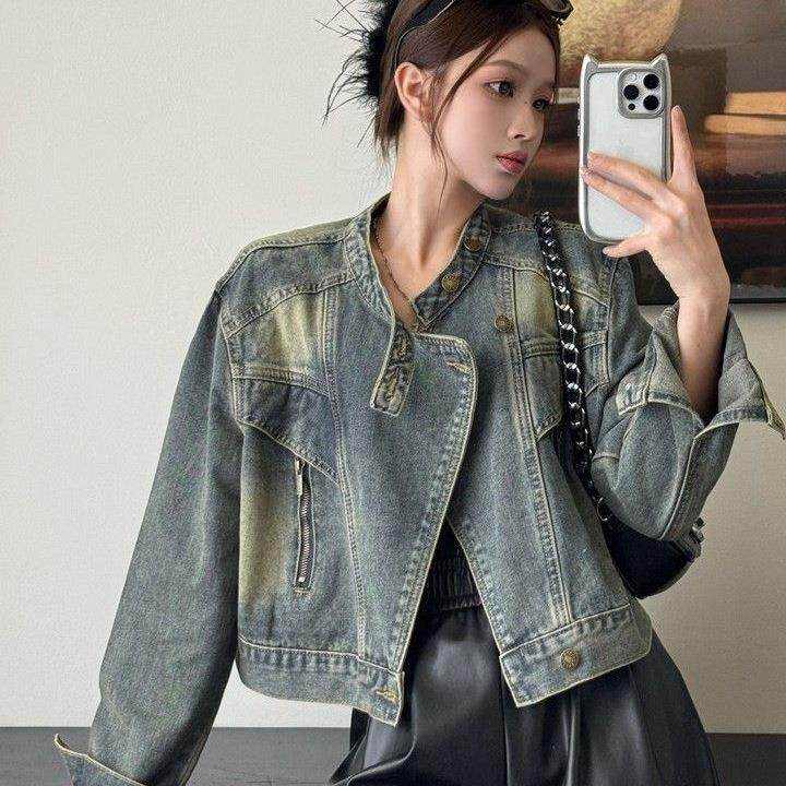 机车服立领牛仔外套女秋季2025新款别致拉链复古炸街宽松短款上衣,女装/女士精品,短外套,淘宝优惠券,粉丝福利购,淘宝优惠卷
