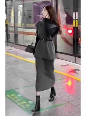 早秋气场强大女神范气质高级感名媛小香风灰色显瘦马甲连衣裙套装