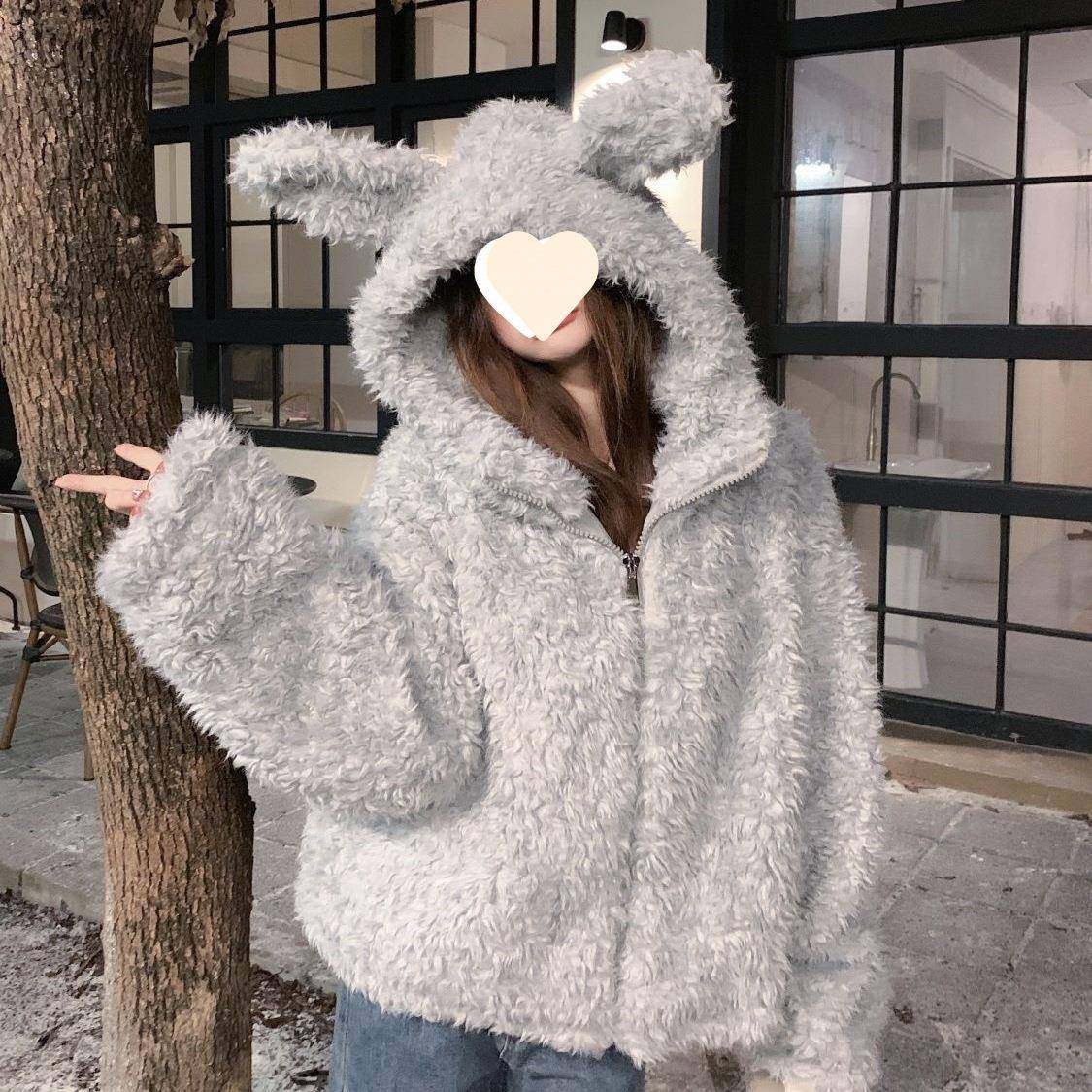 慵懒风兔耳朵毛绒绒外套女秋冬季韩版设计感小众宽松保暖加绒上衣,女装/女士精品,大码呢大衣,淘宝优惠券,粉丝福利购,淘宝优惠卷