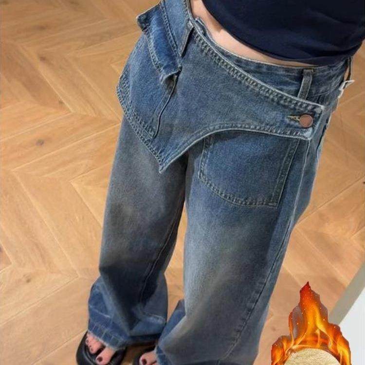 假两件设计加绒加厚直筒牛仔裤女年秋冬新款高腰显瘦阔腿长裤,女装/女士精品,牛仔裤,淘宝优惠券,粉丝福利购,淘宝优惠卷