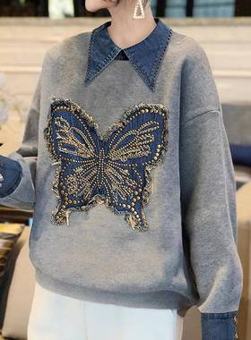 灰色重工蝴蝶印花polo领卫衣大版假两件上衣春秋季2025新款欧货