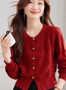 秋冬新款单排扣女士红色毛衣宽松短款针织开衫百搭显瘦气质上衣