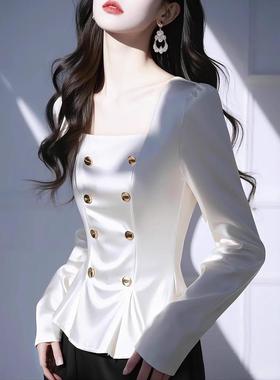 白色缎面衬衫高级感轻奢超好看独特漂亮气质方领长袖上衣女2025秋