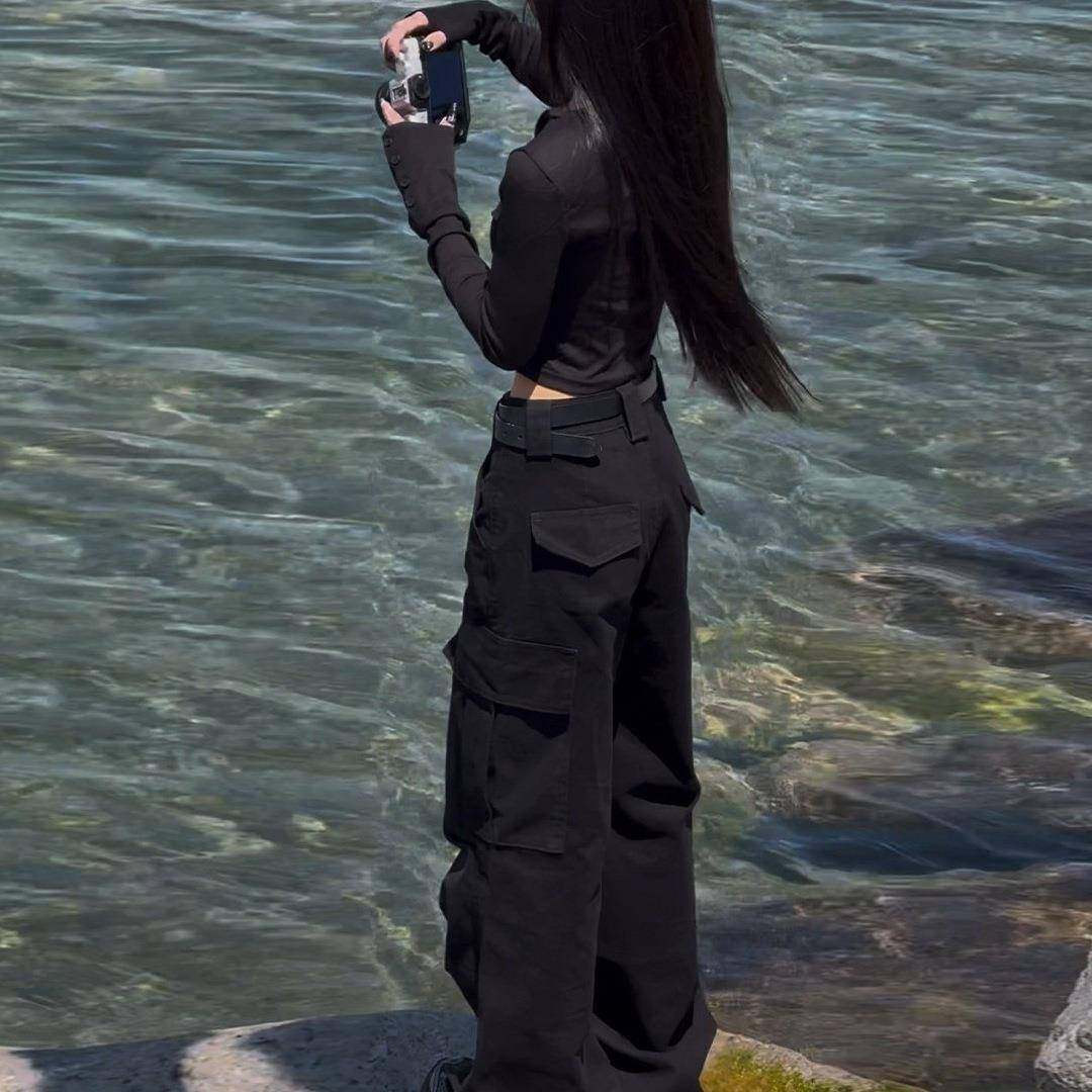 黑色美式工装裤女秋季新款大码胖宽松显瘦高腰直筒垂感阔腿裤子,女装/女士精品,大码裤装,淘宝优惠券,粉丝福利购,淘宝优惠卷