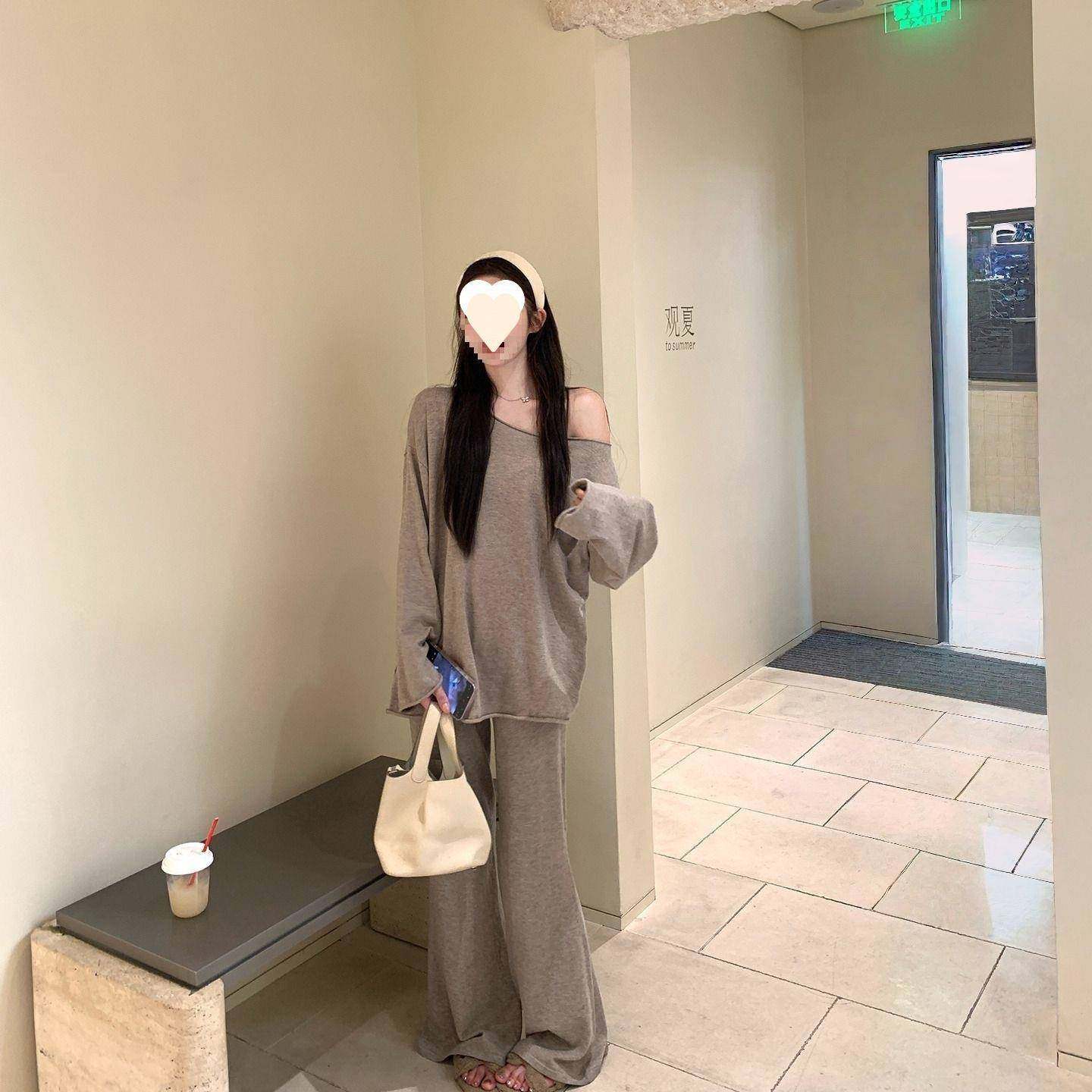 韩系慵懒风斜肩长袖上衣女2025秋季新款宽松显瘦休闲阔腿裤两件套,女装/女士精品,时尚套装,淘宝优惠券,粉丝福利购,淘宝优惠卷