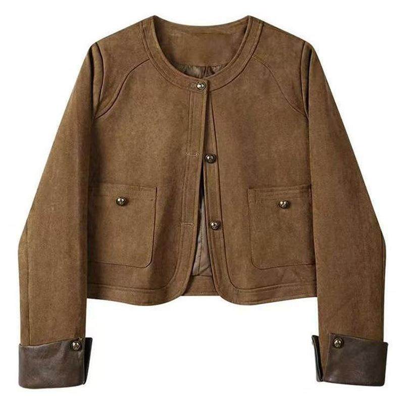 美拉德短款拼接仿皮绒外套女春秋美式穿搭复古百搭机车服夹克女潮,女装/女士精品,常规大码外套,淘宝优惠券,粉丝福利购,淘宝优惠卷