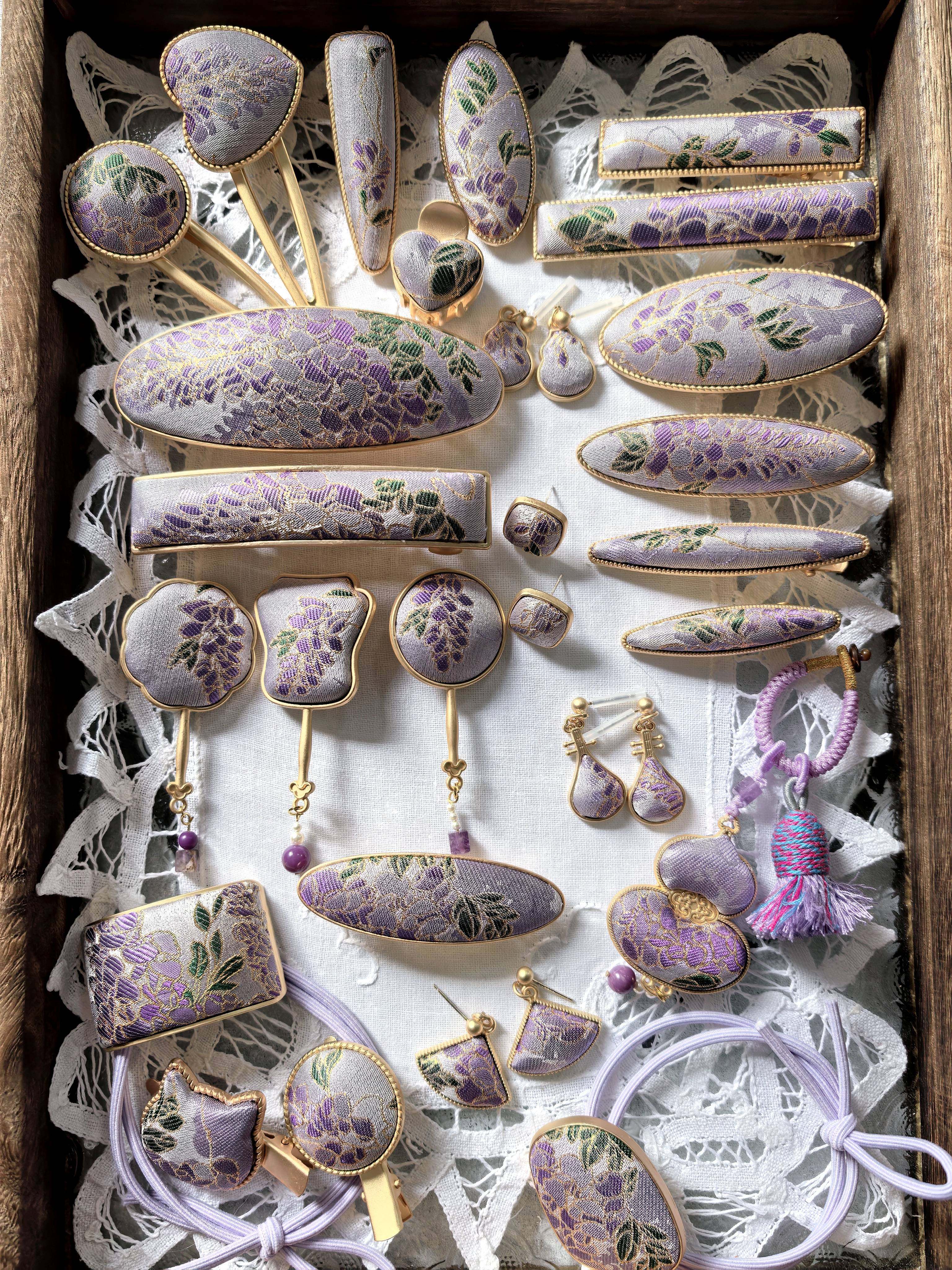 套装新中式国风手工发夹钱奶奶饰品生日礼物侧夹胸针发尾扣紫藤花