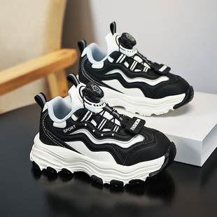 女童跑步鞋 儿童熊猫鞋 旋转纽扣皮面男童老爹鞋 新款 黑白2025秋冬季