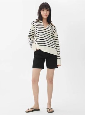 加拿大ark！复活款~春天好看的条纹衫~polo开口V领留白条纹针织衫