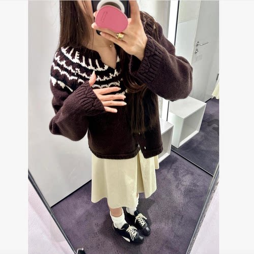 巨折！北欧C！费尔岛图案~16支yang毛~小开衩圆领~粗棒针开衫毛衣