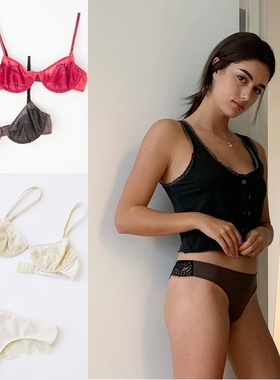 Uo绝美拼色款~元！摩卡拼黑色蕾丝！自带龙骨~文胸+内裤小套装