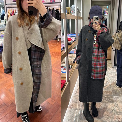 珍藏级别！双面穿纯色格纹~可拆卸围巾~星球双面羊毛长款大衣