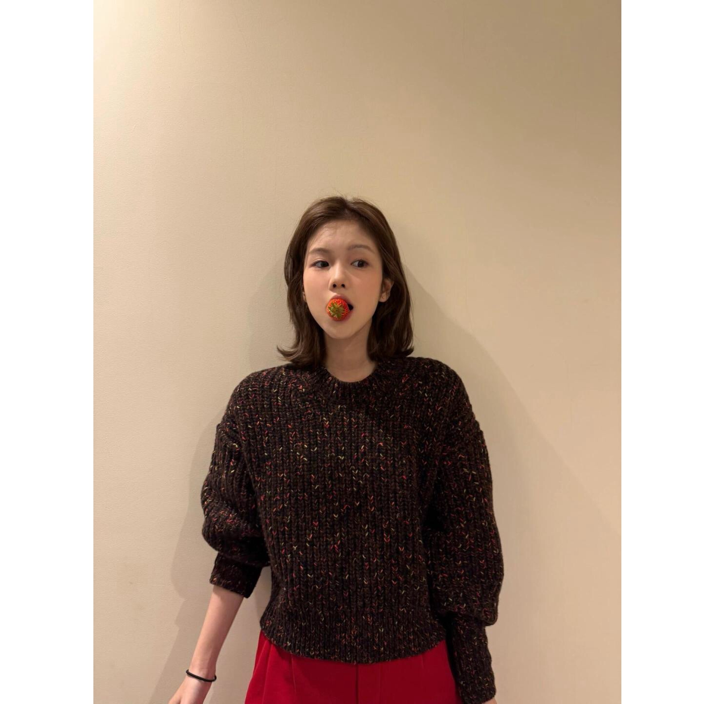 巨折！C家！棕色彩点纱~粗棒针元宝纹理~羊毛混纺圆领针织衫毛衣