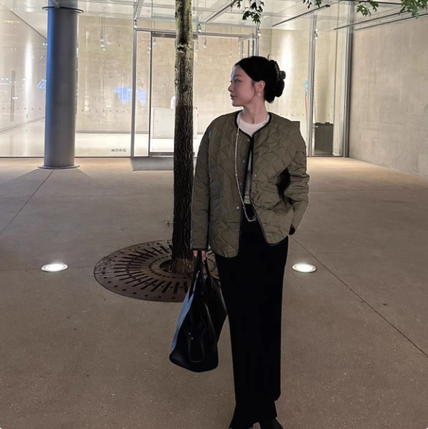 北欧to！新色沼泽绿~菱格绗缝~os茧型廓形~轻盈时髦夹棉棉服外套