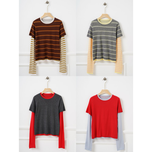 秋天条纹系~假两件正当季！趣味撞色！绵羊毛正肩拼接针织长袖t