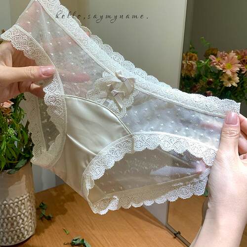 2025新款性感蝴蝶结~纯欲风缎面网纱蕾丝内裤女裆纯棉