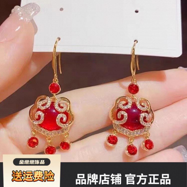 吉祥云红色平安长命锁耳环女小众