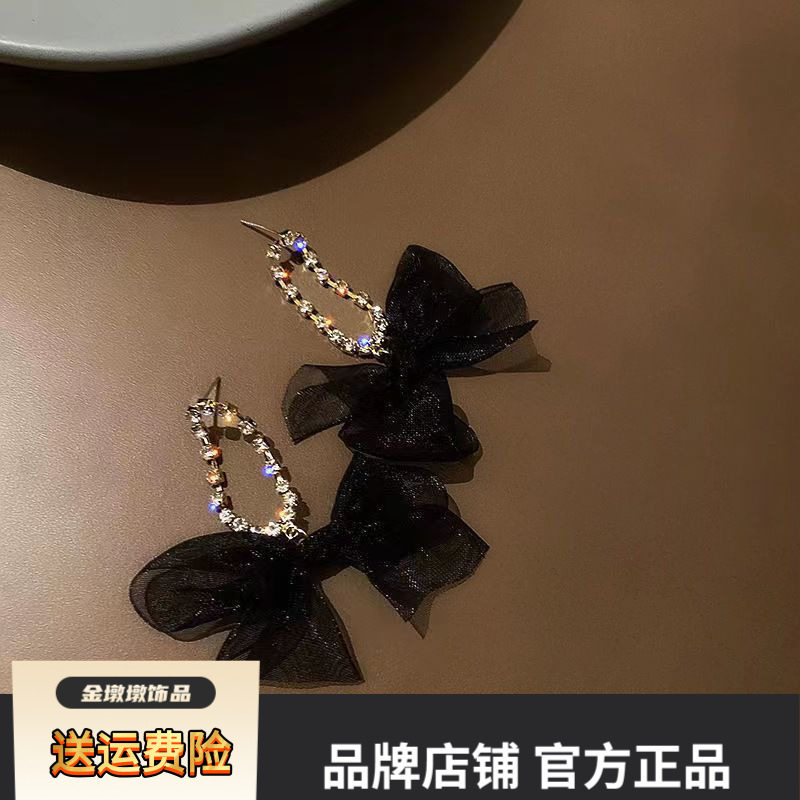 灼边蝴蝶结雪纺飘带耳钉女夸张仙