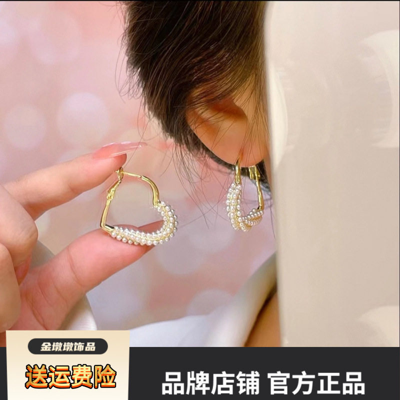 个性耳圈女心形锆石珍珠耳扣小众